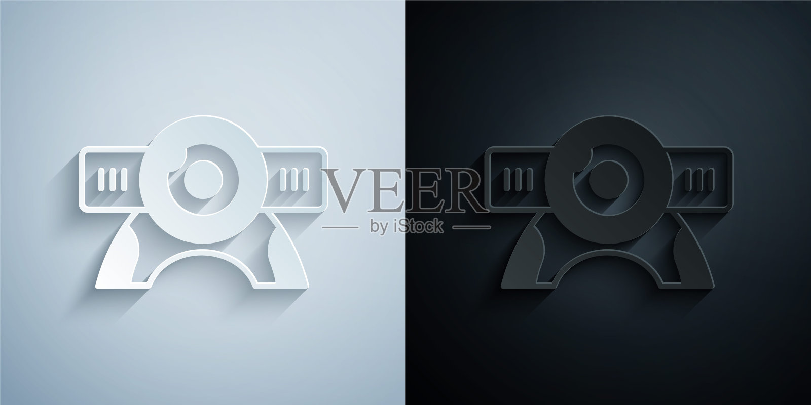 剪纸网络相机图标隔离在灰色和黑色的背景。摄像头聊天。摄像头图标。纸艺风格。向量插画图片素材