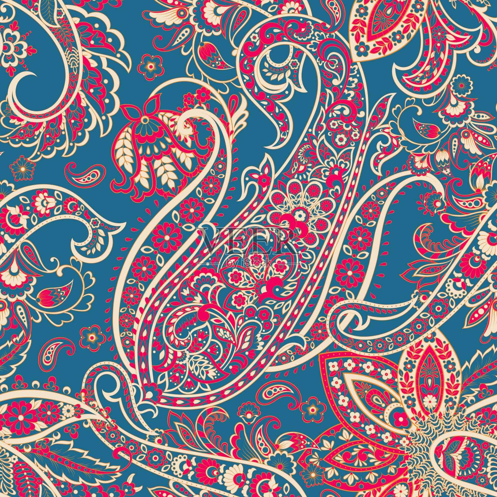 佩斯利无缝矢量图案。蜡染风格的复古背景插画图片素材