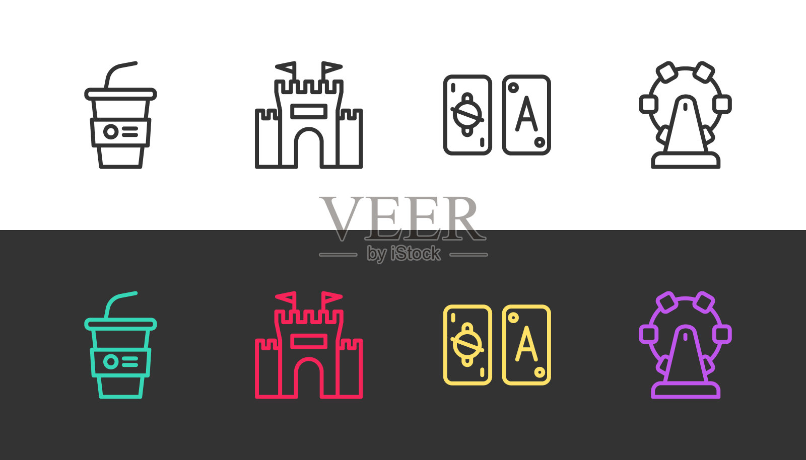 集线纸玻璃与水,城堡,塔罗牌和摩天轮黑白。向量插画图片素材