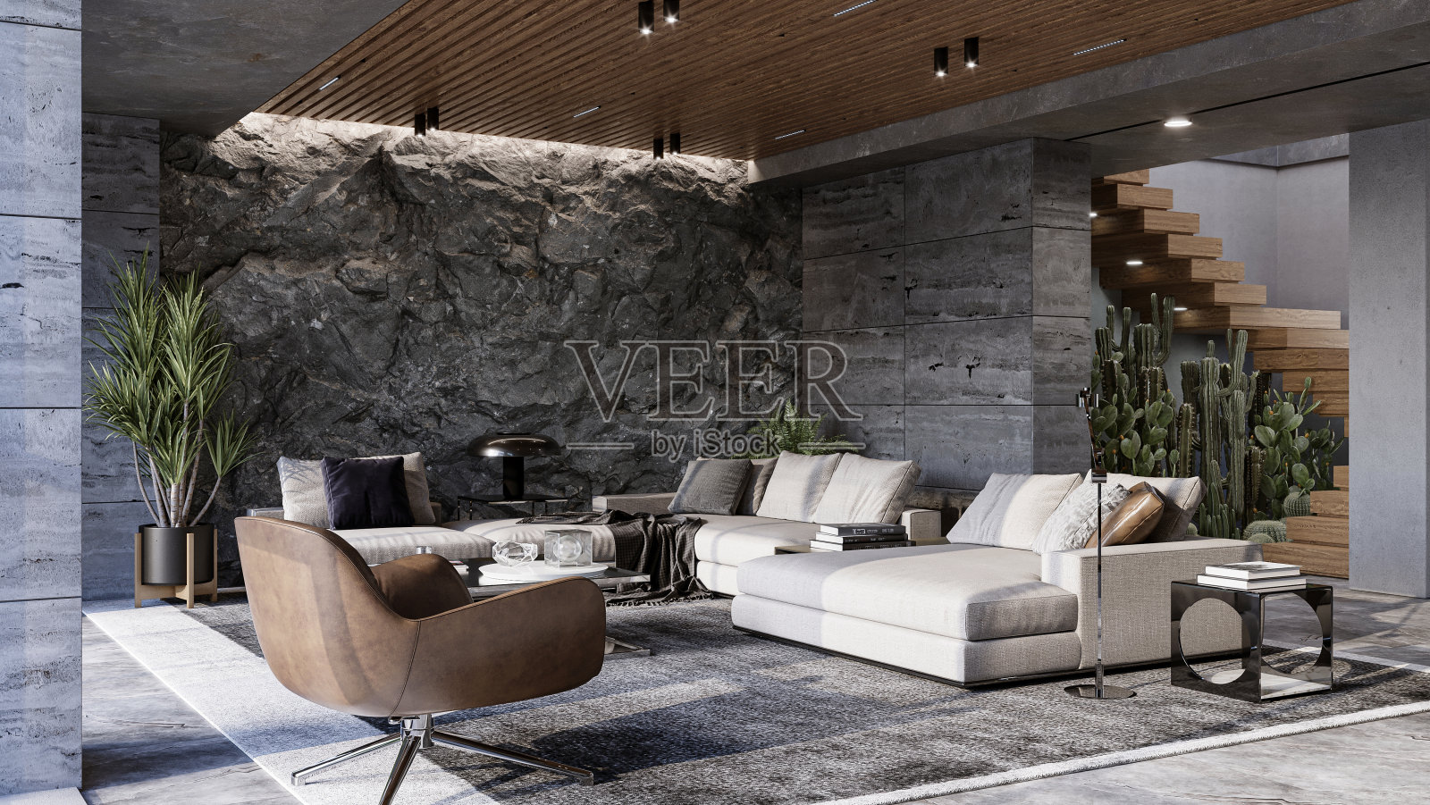 现代客厅内部的山岩墙。天然室内石墙和家具,3d渲染照片摄影图片