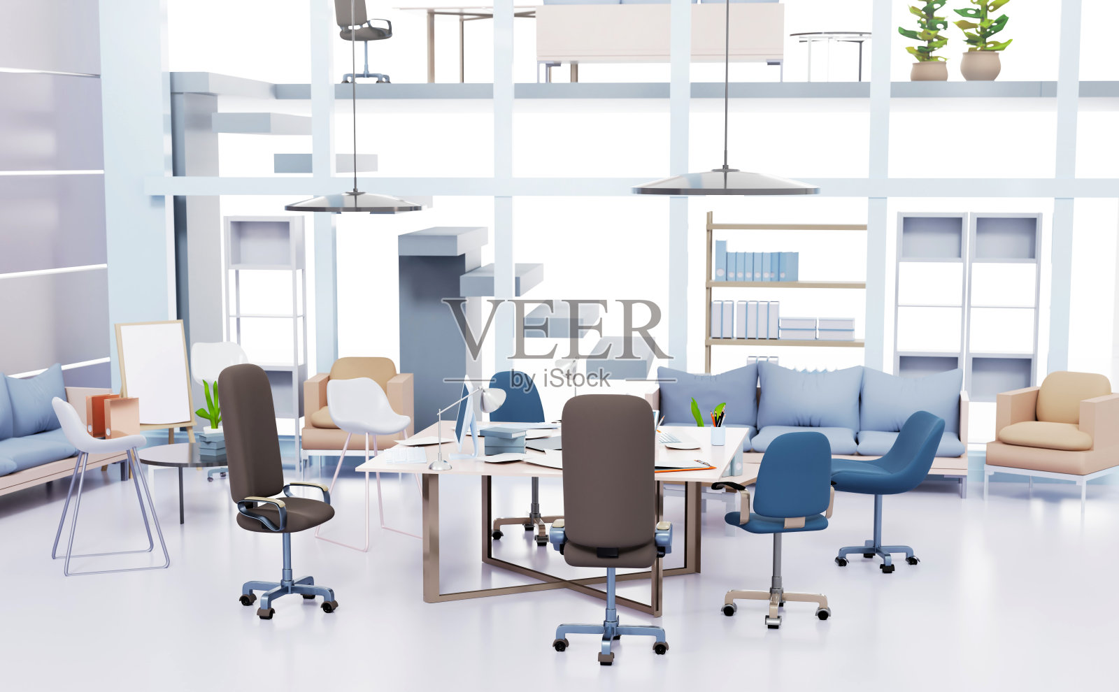 大的开放空间办公室内部没有人。3D渲染图照片摄影图片