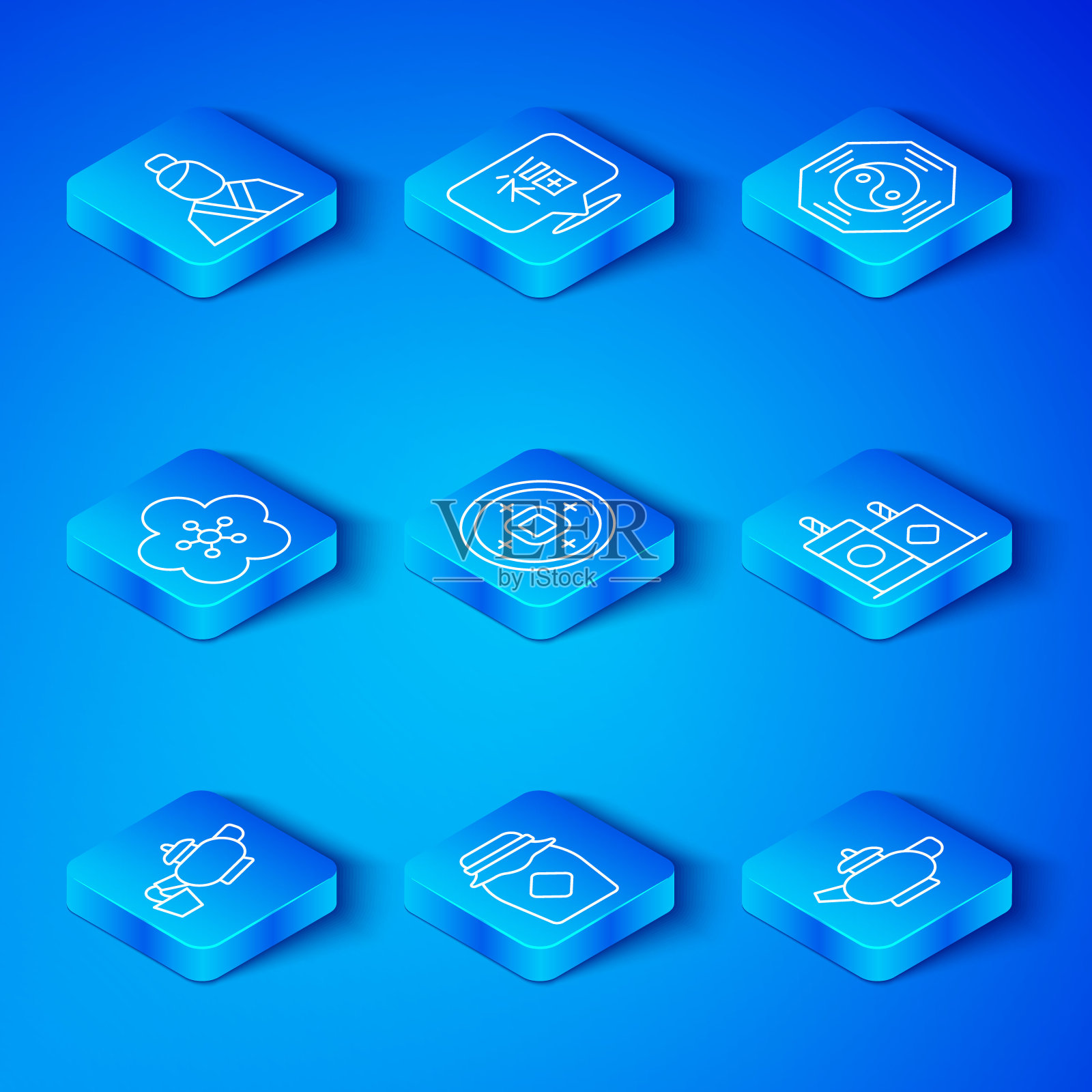 设定线中国茶道,人民币货币,蜂蜜罐,烟花,阴阳符号,莲花,亚洲妇女和图标。向量图标素材