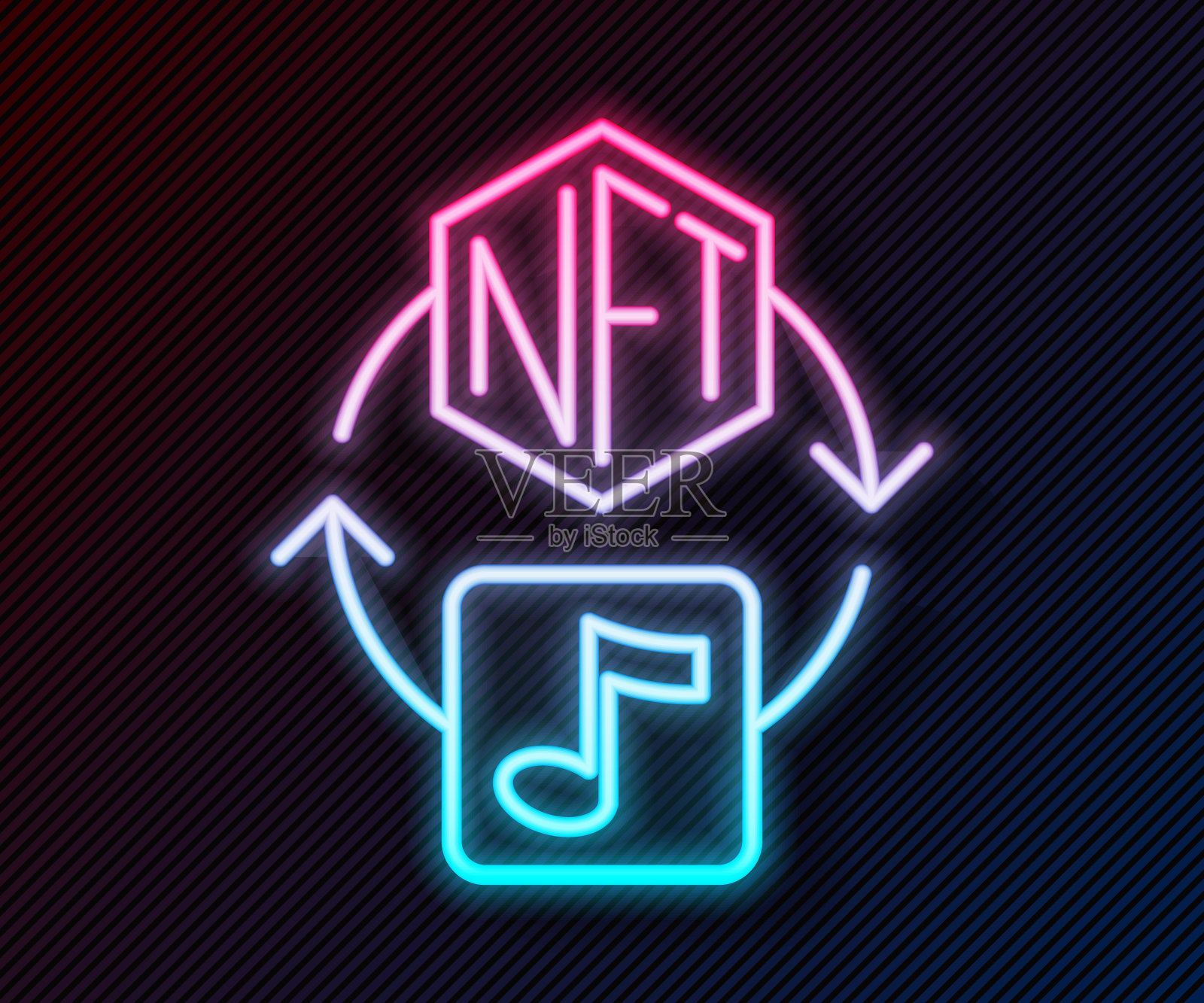 发光的霓虹线NFT数字加密艺术图标孤立的黑色背景。不可替代的令牌。向量插画图片素材