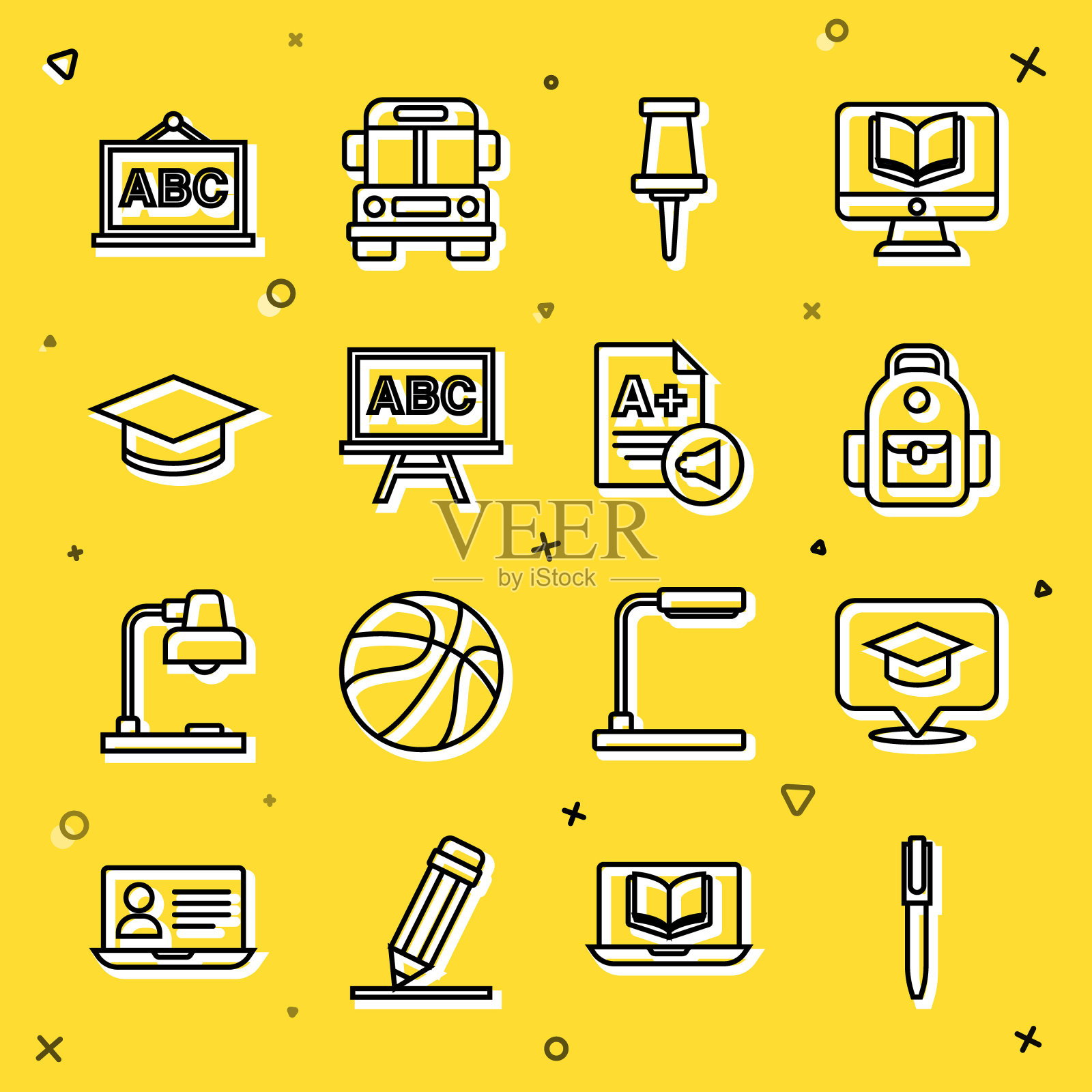 设置线笔,毕业帽在演讲泡沫,学校背包,推销,黑板,和考试表与A +等级图标。向量插画图片素材