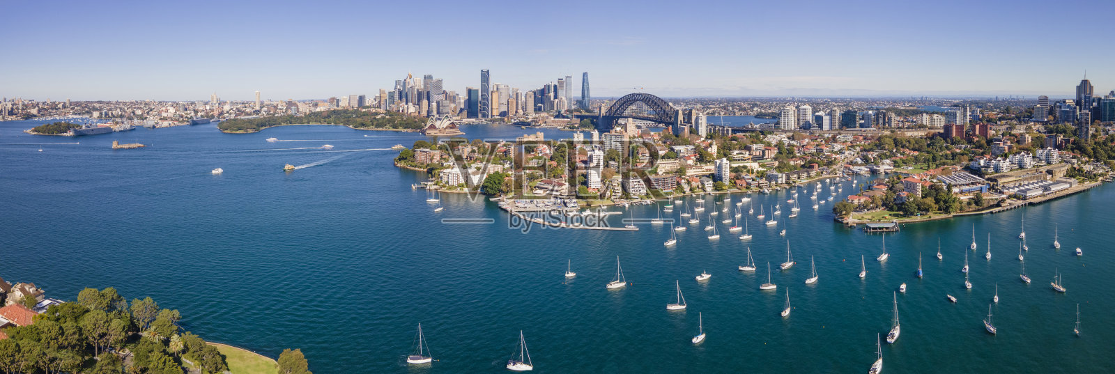 在一个阳光明媚的早晨,无人机俯瞰悉尼城市和悉尼港,新南威尔士州的Kirribilli照片摄影图片