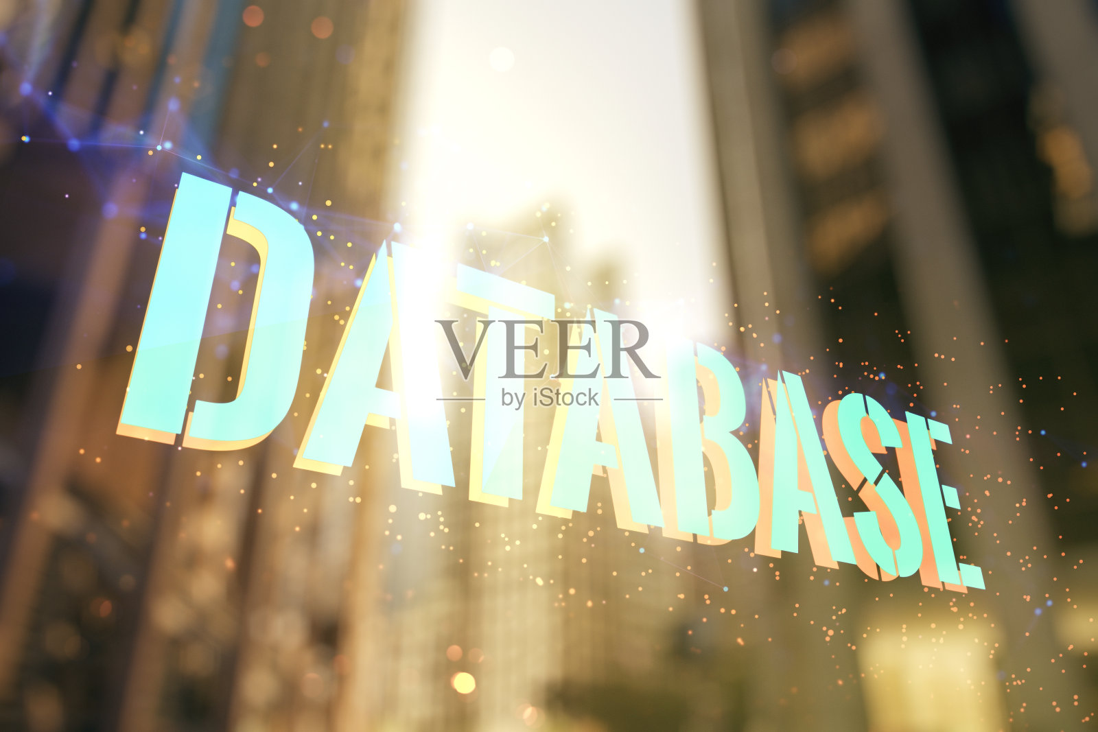 双重曝光的数据库字标志,办公大楼的背景,全球研究和分析的概念照片摄影图片