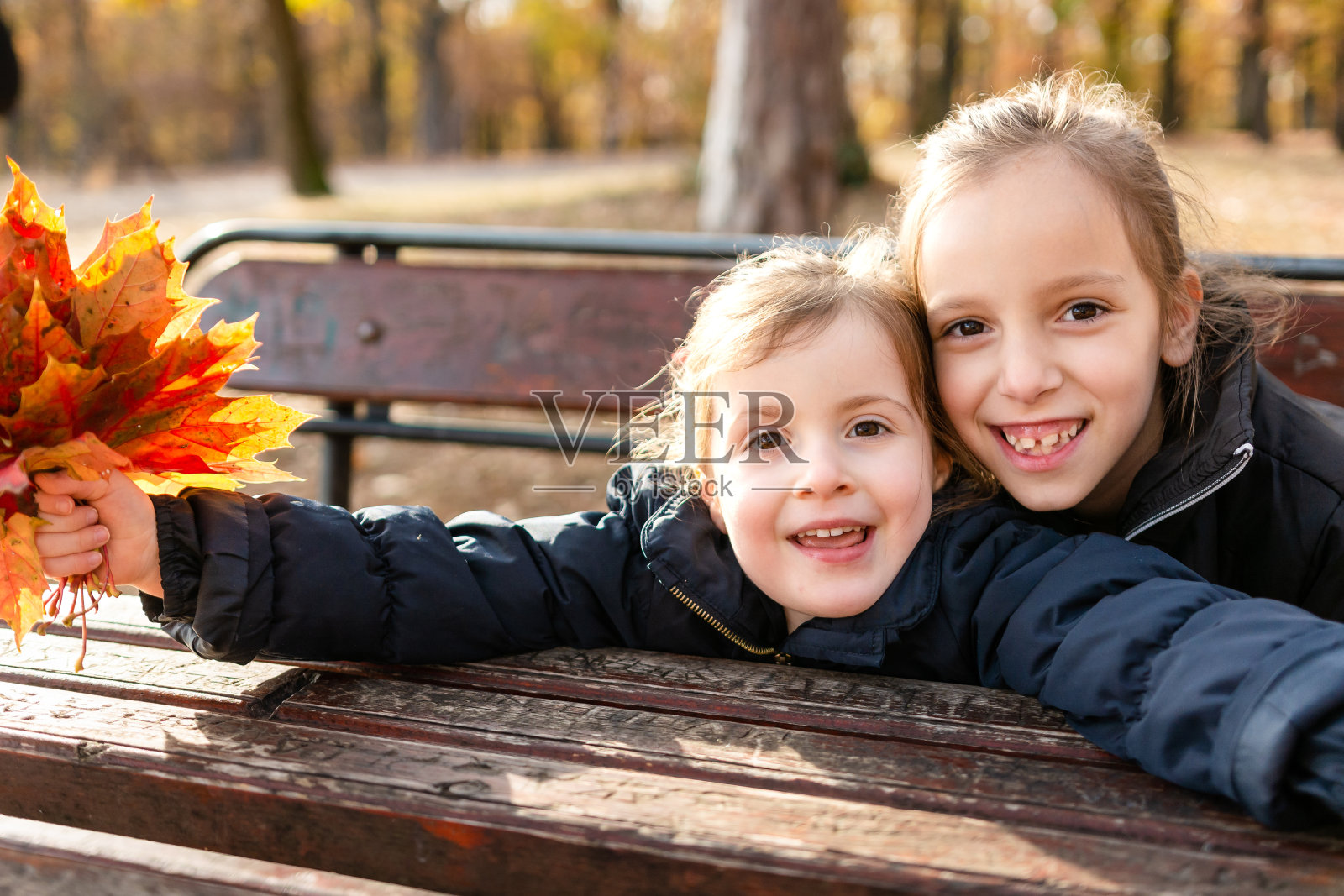 幸福的女孩在秋天的公园里抱着树叶拥抱照片摄影图片
