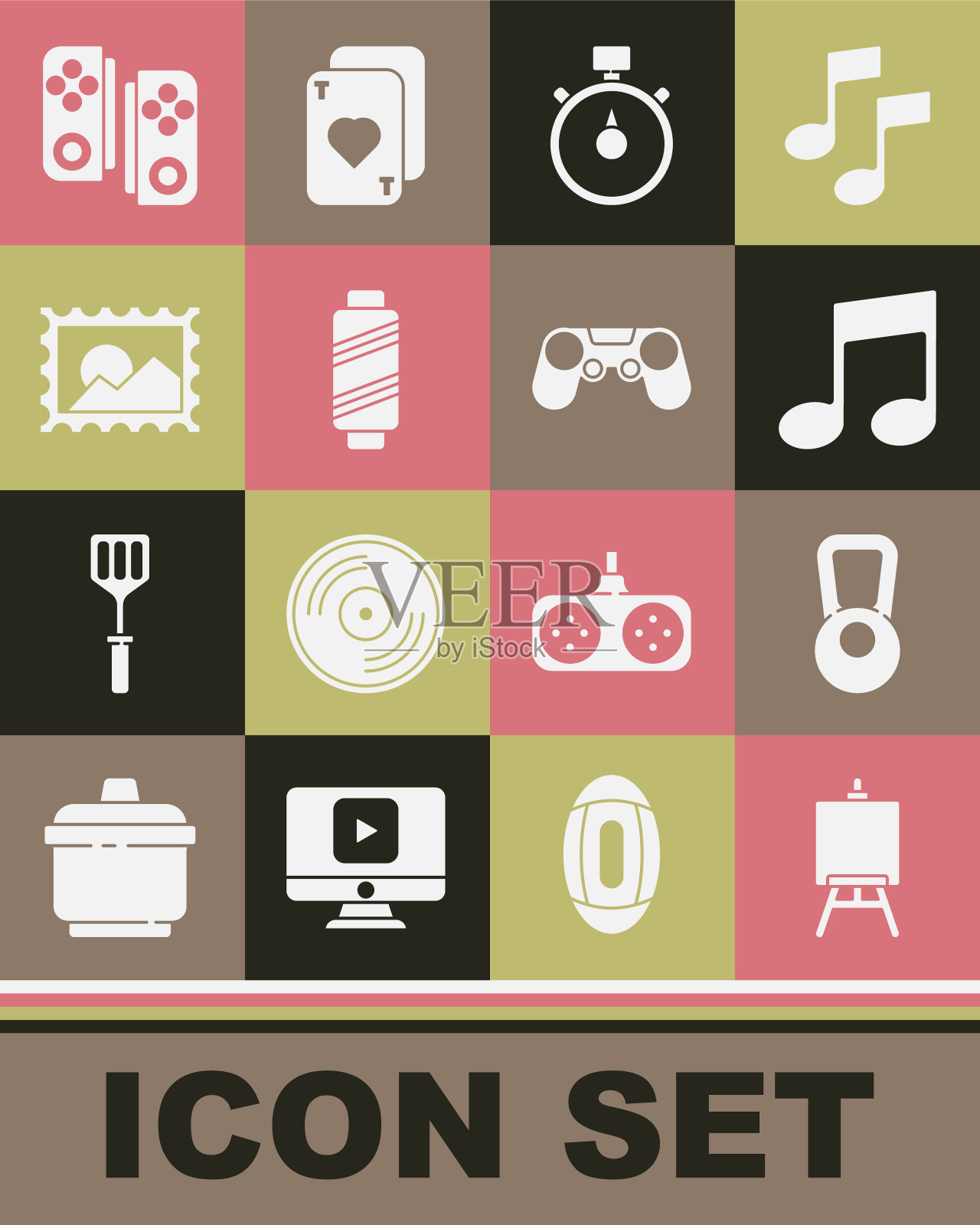 设置画架或绘画艺术板,壶铃,音符,音调,秒表,缝纫线线轴,邮票,手柄和图标。向量图标素材