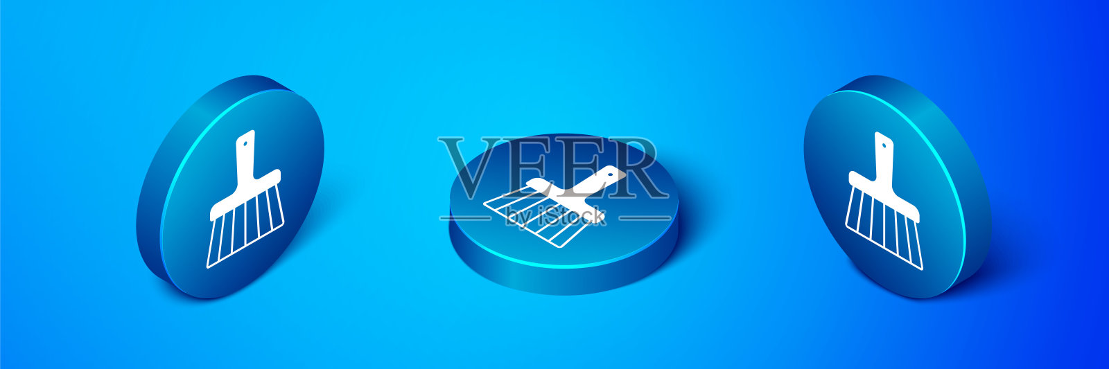 等距处理扫帚图标孤立的蓝色背景。清洁服务理念。蓝色圆圈按钮。向量插画图片素材