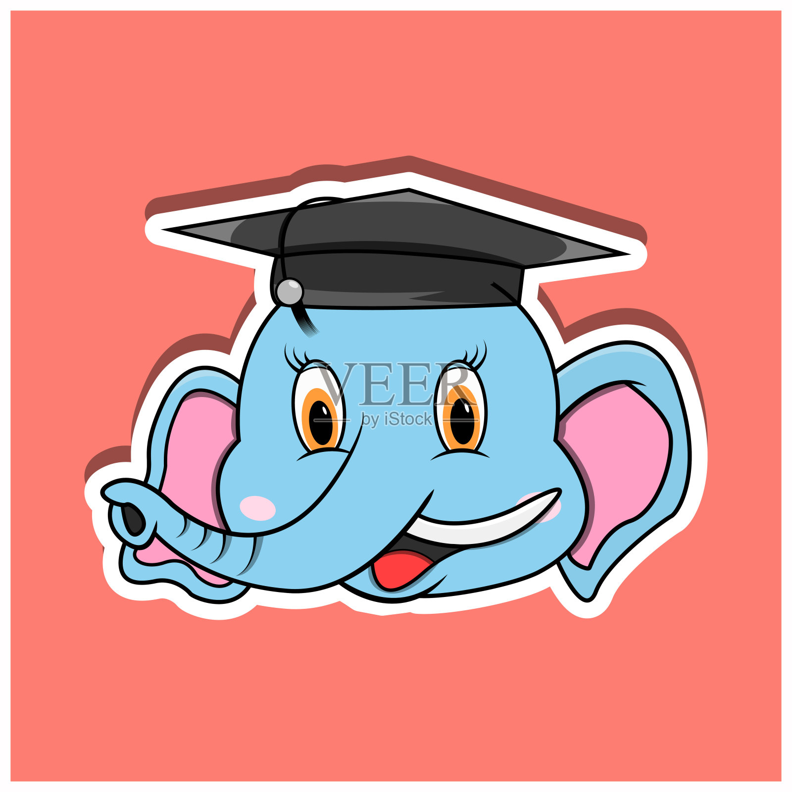 动物脸贴纸,大象戴着研究生帽。角色设计。插画图片素材