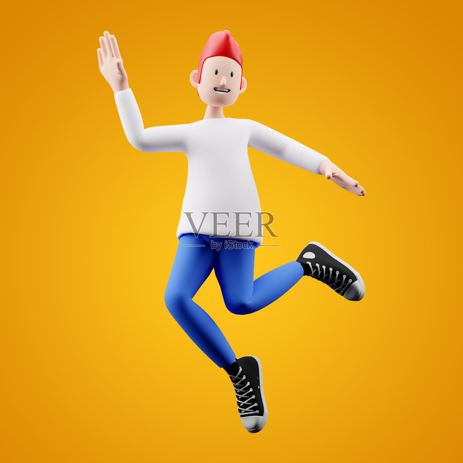 一个男孩一边挥手一边高兴地跳着照片摄影图片