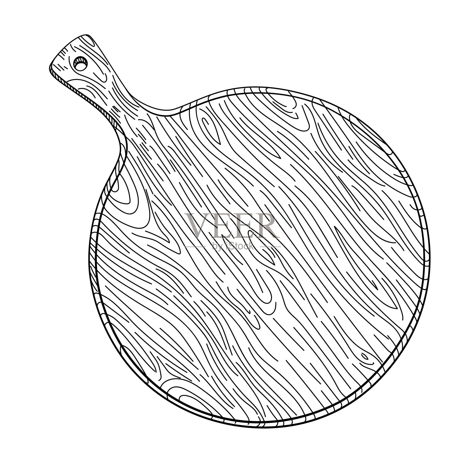 手绘切割木板,手柄隔离在白色上。比萨餐盘。厨房用具草图。雕刻风格。插画图片素材