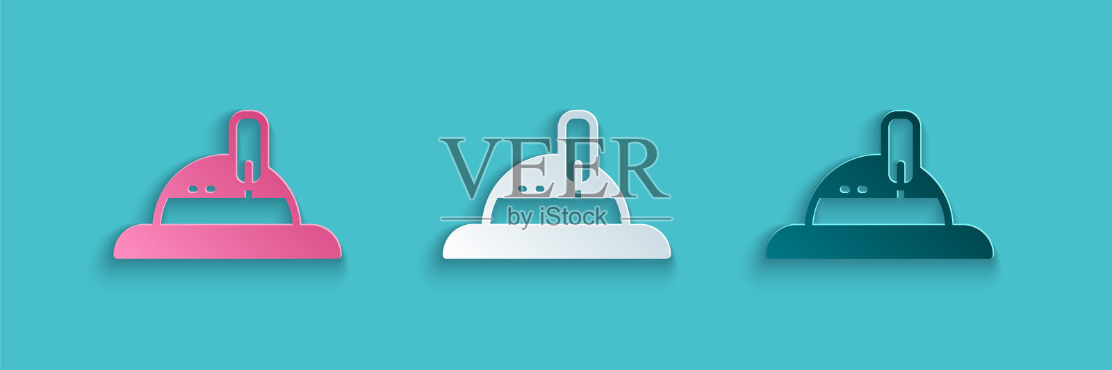 剪纸猎人帽图标孤立的蓝色背景。格子冬帽。纸艺风格。向量图标素材