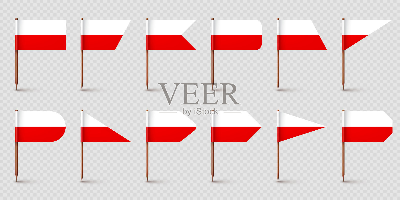 擦亮牙签旗。来自波兰的纪念品。带有纸旗的木制牙签。位置标记,地图指针。用于广告和促销的空白模型。矢量图插画图片素材