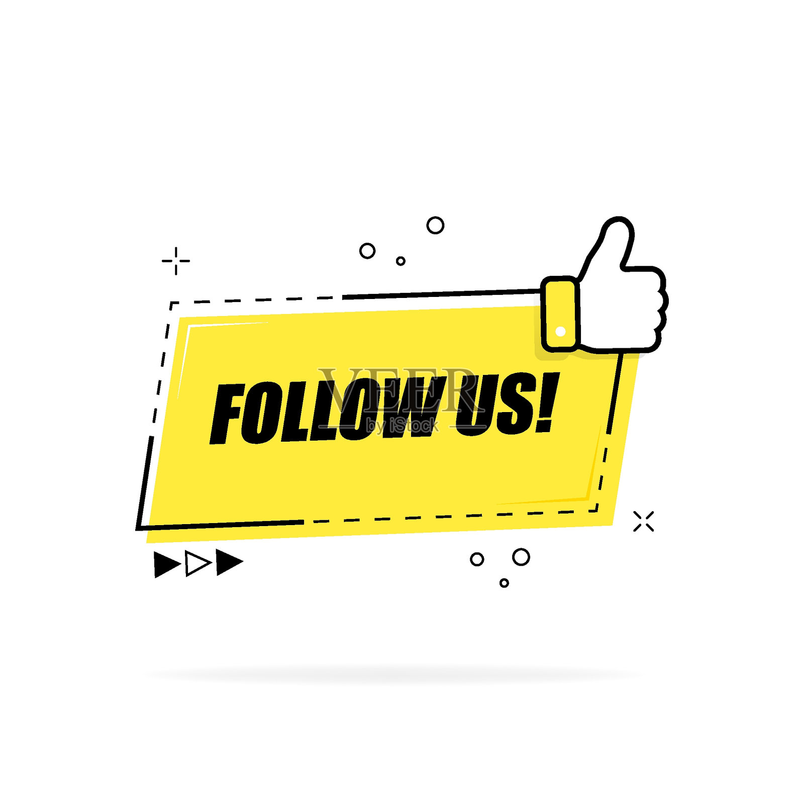 跟着我们按钮孤立在白色背景上。社交网络概念。跟着我们的横幅竖起大拇指。现代标签大拇指图标。矢量图插画图片素材