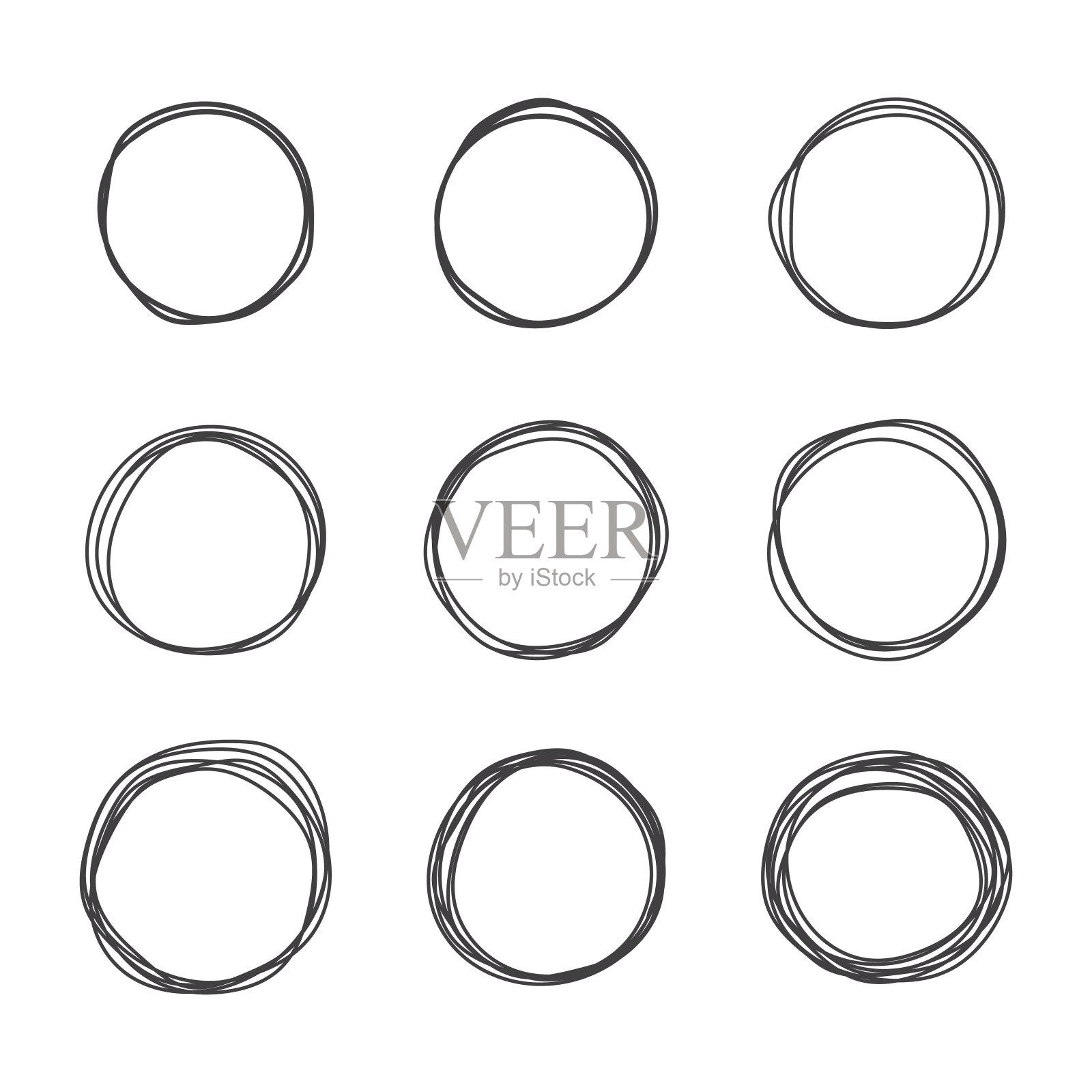 一组圆形设计元素。抽象涂鸦涂鸦,框架孤立的白色背景。插画图片素材