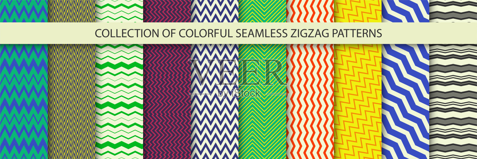 收集雪佛龙彩色几何条纹无缝图案。简单之字形明亮纹理-可重复的不寻常背景。织物无限印花插画图片素材