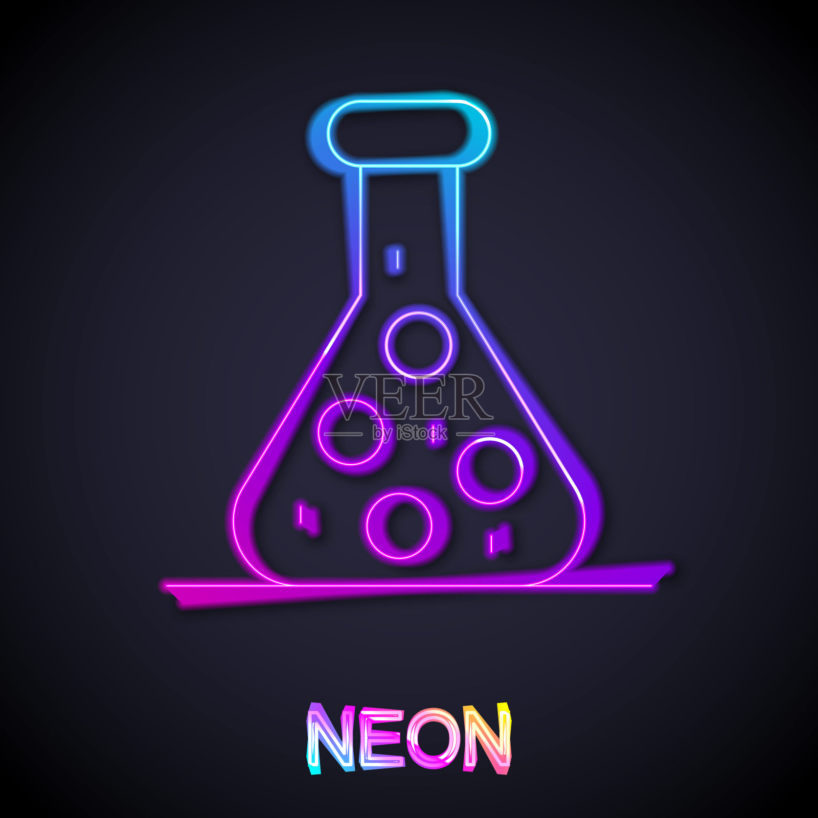 发光霓虹灯线试管和烧瓶化学实验室测试图标隔离在黑色背景。实验室玻璃器皿标志。向量插画图片素材