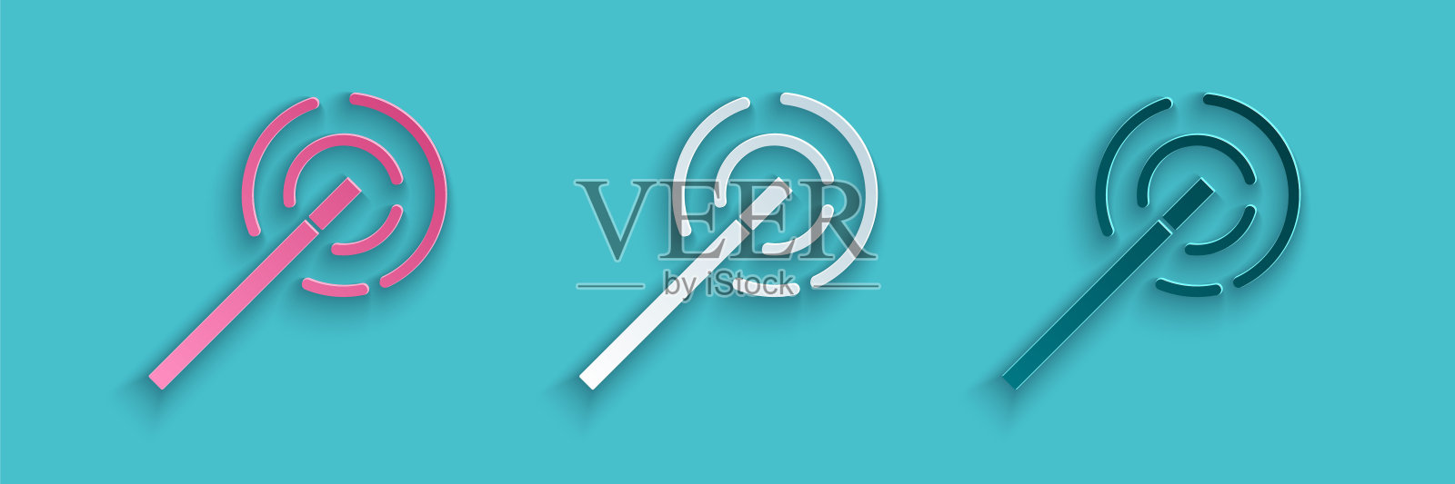 剪纸魔术棒图标孤立的蓝色背景。星形魔法配件。神奇的力量。纸艺风格。向量插画图片素材