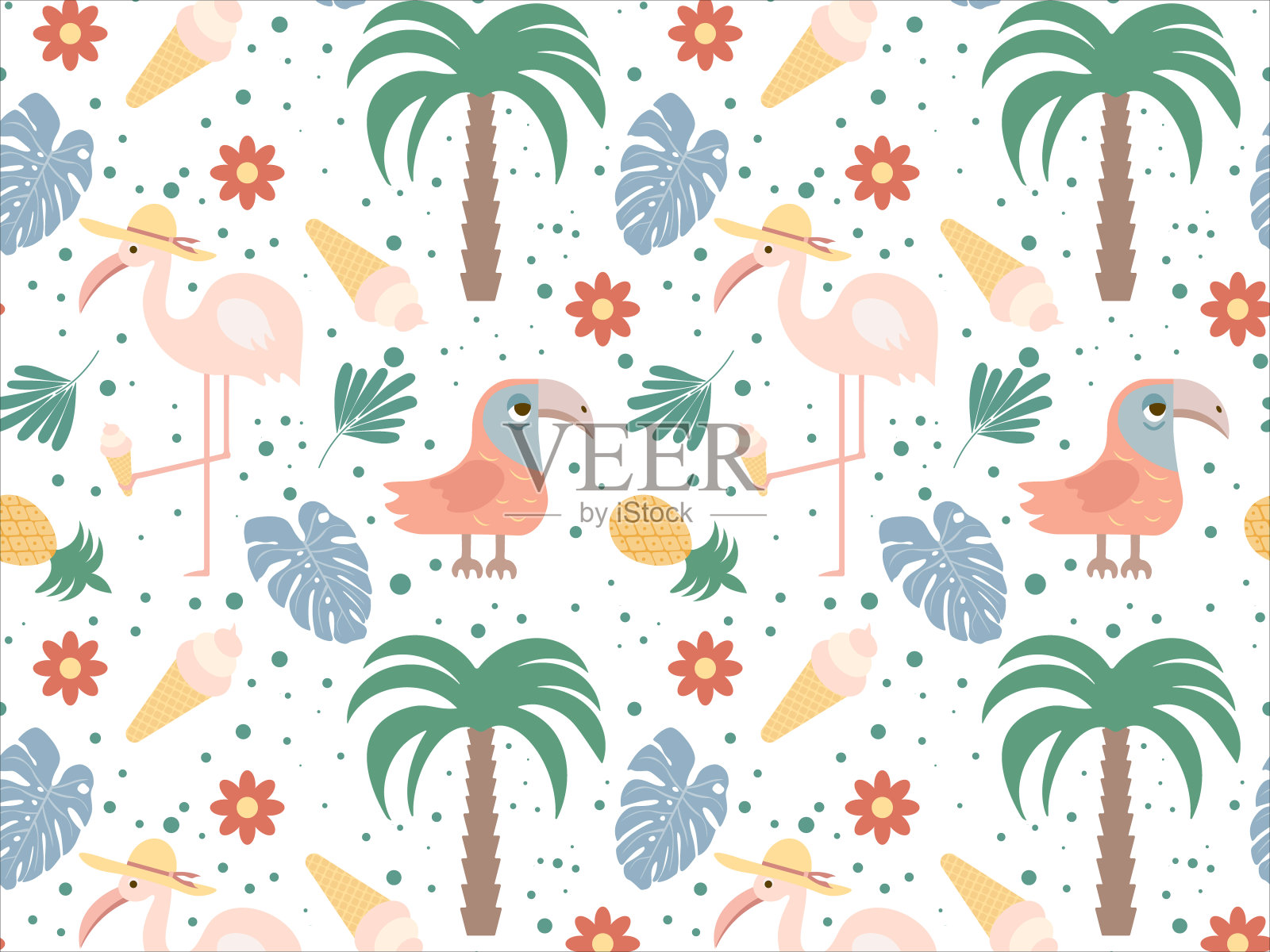 无缝图案与火烈鸟和鹦鹉。可爱的图案与卡通人物和物体在一个白色的背景。矢量插图。插画图片素材