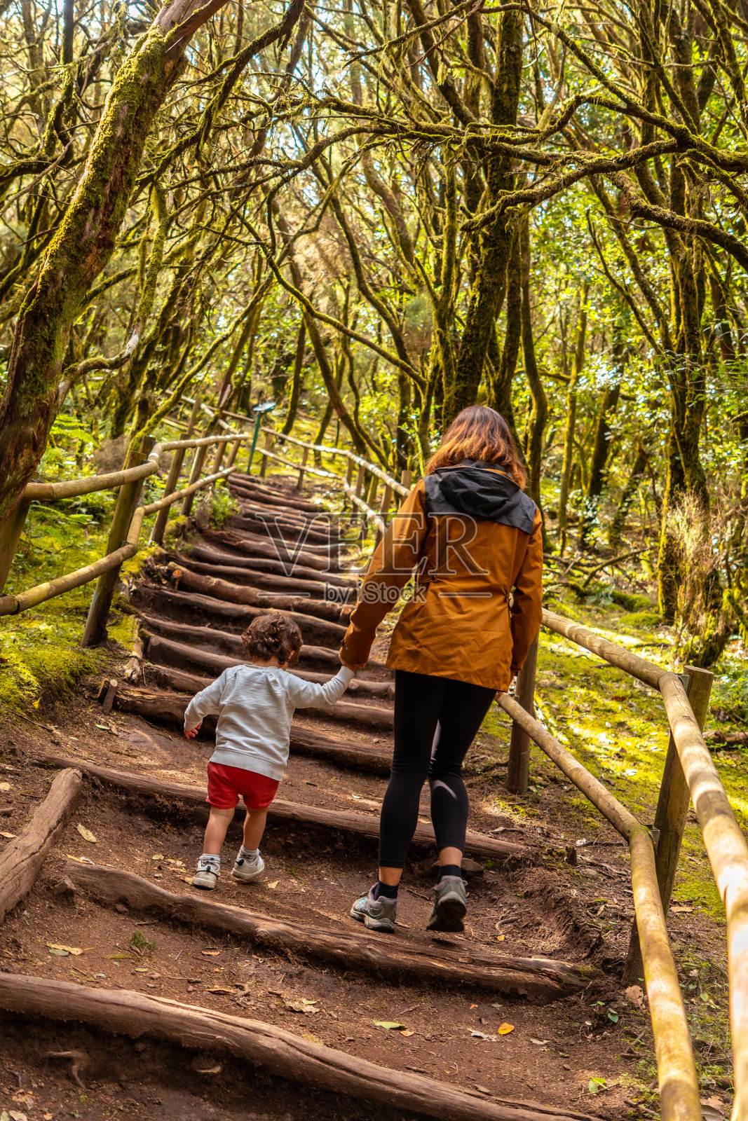 在加那利群岛的戈梅拉加拉约奈自然公园里,母子俩沿着小路走着楼梯照片摄影图片