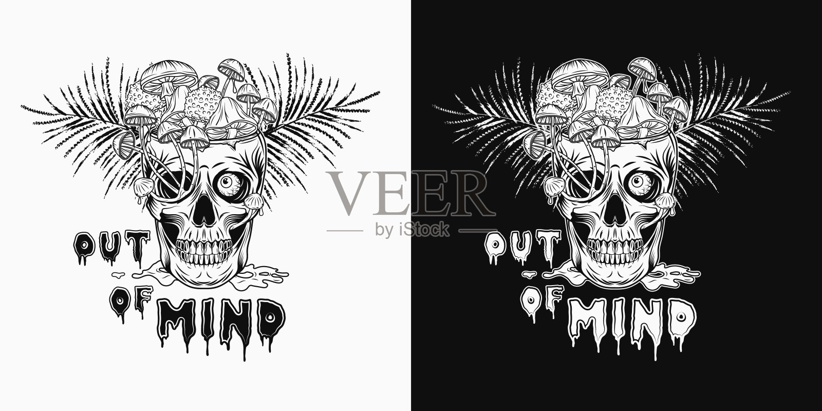 标签上的骷髅像装满蘑菇的杯子,文字插画图片素材