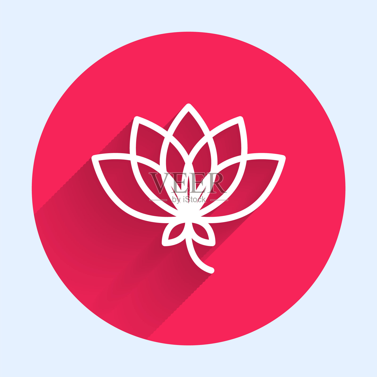 白线莲花图标孤立与长阴影背景。红色圆圈按钮。向量插画图片素材