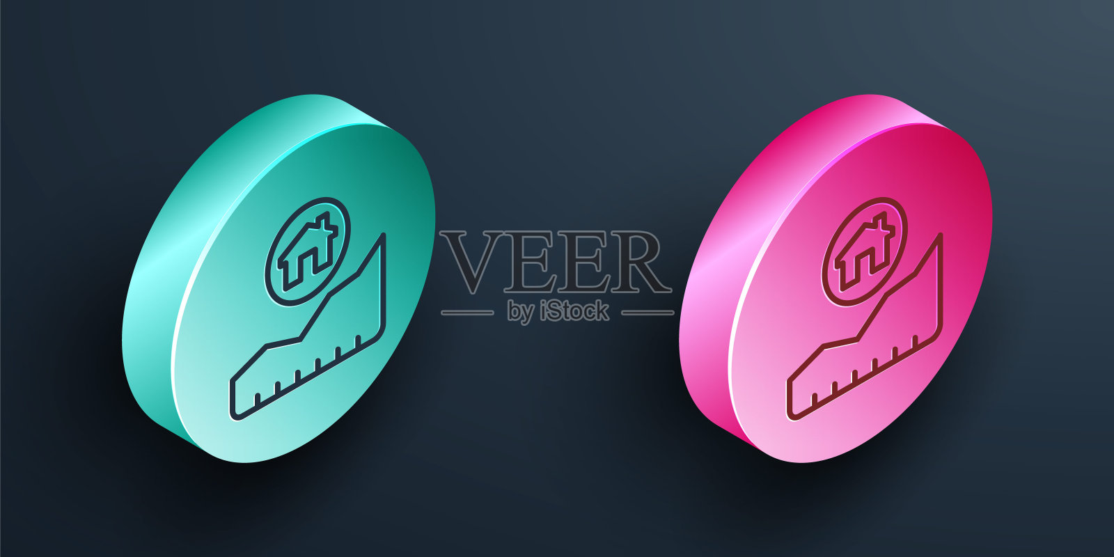 等距线上升的住房成本图标孤立在黑色背景。房地产价格上涨。居住图增加。绿松石和粉色圆形按钮。向量图标素材