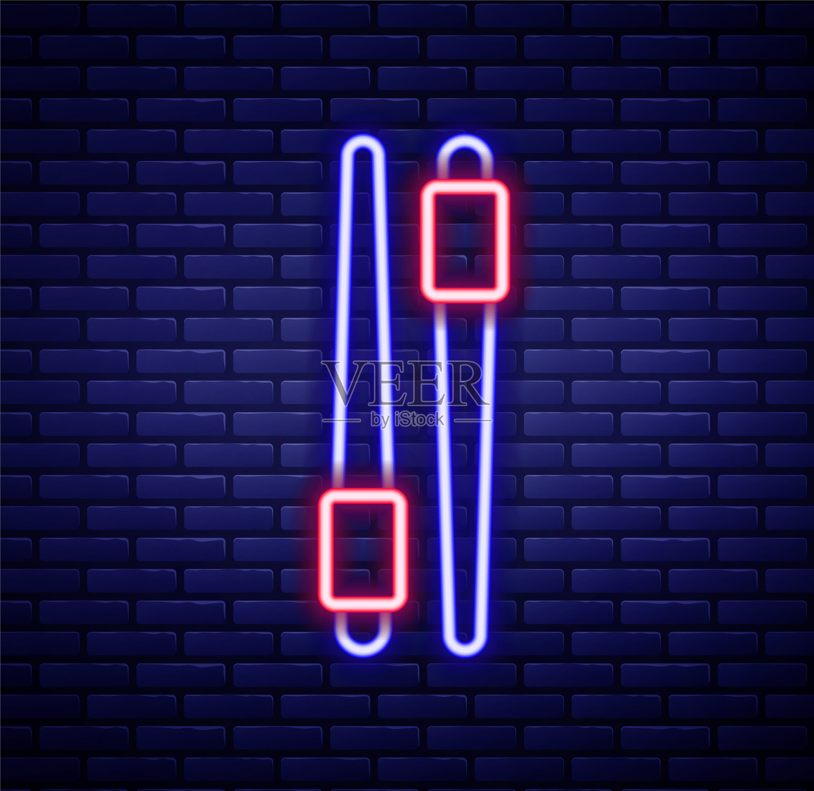 发光的霓虹灯线食物筷子图标孤立的砖墙背景。用来做亚洲菜的韩国木棒。东方器具。色彩缤纷的轮廓概念。向量插画图片素材