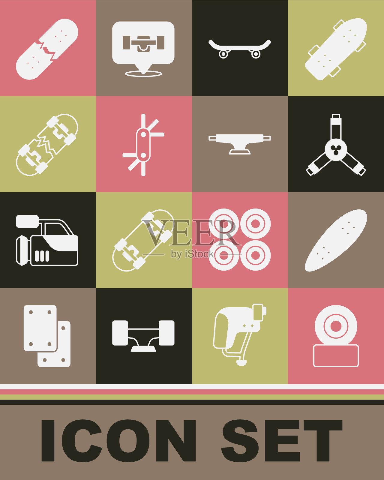 设置滑板轮,长板或滑板,y形工具,工具allen键,破碎,甲板和图标。向量插画图片素材