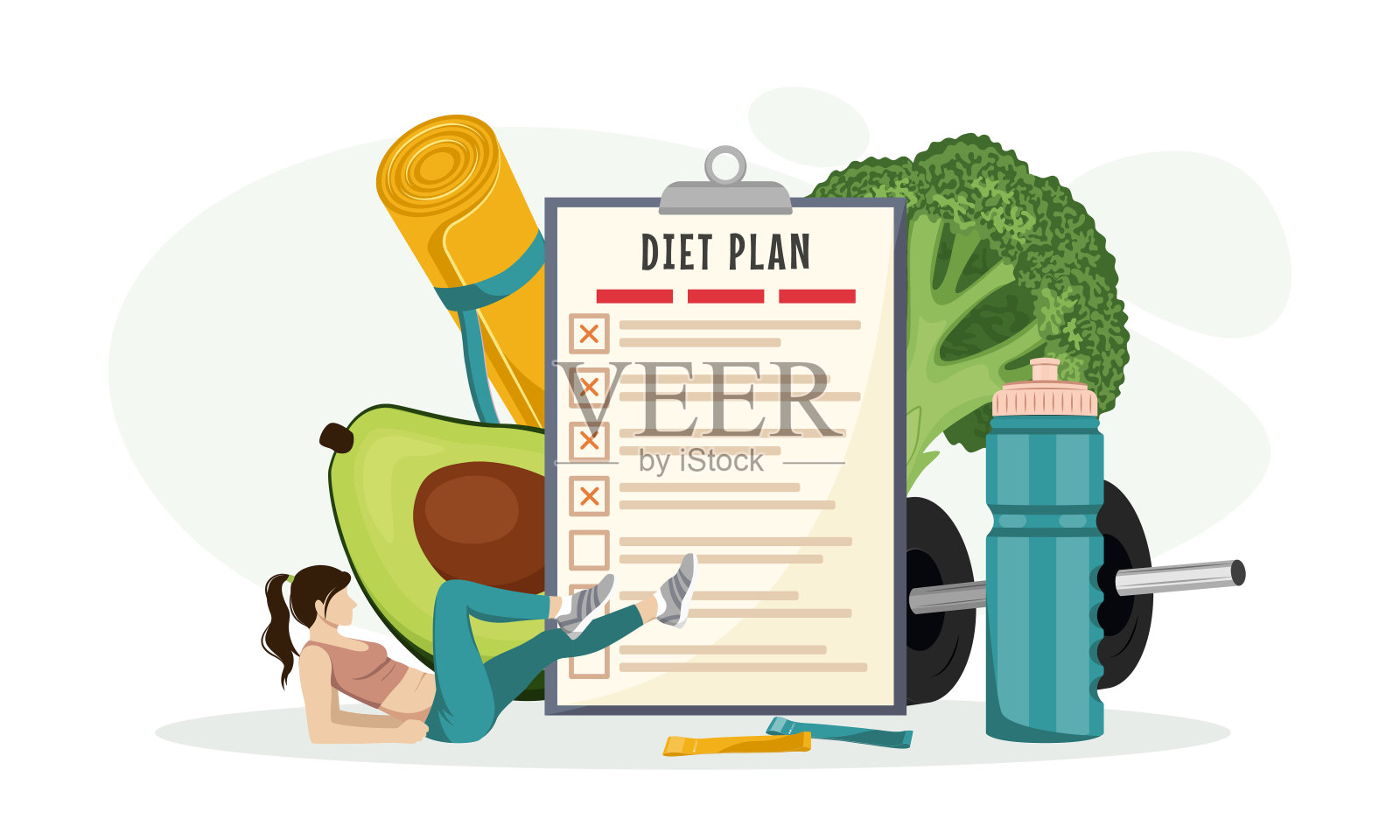 横幅上写着节食计划,一个女孩在做运动,白色背景上有运动器材。插画图片素材