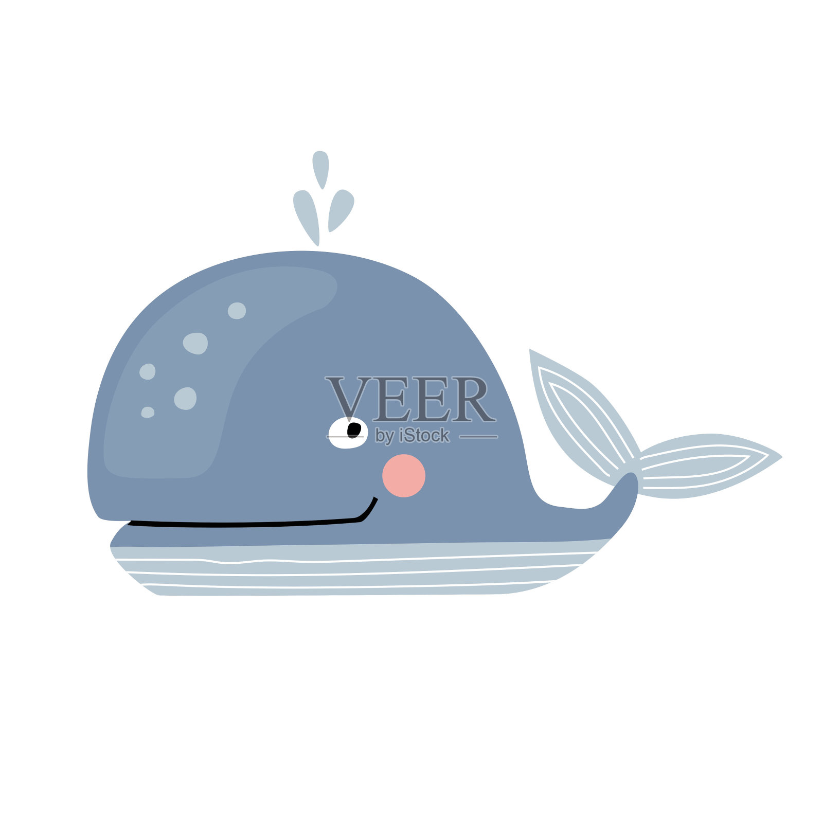 可爱的卡通大蓝鲸,平面风格插图。插画图片素材