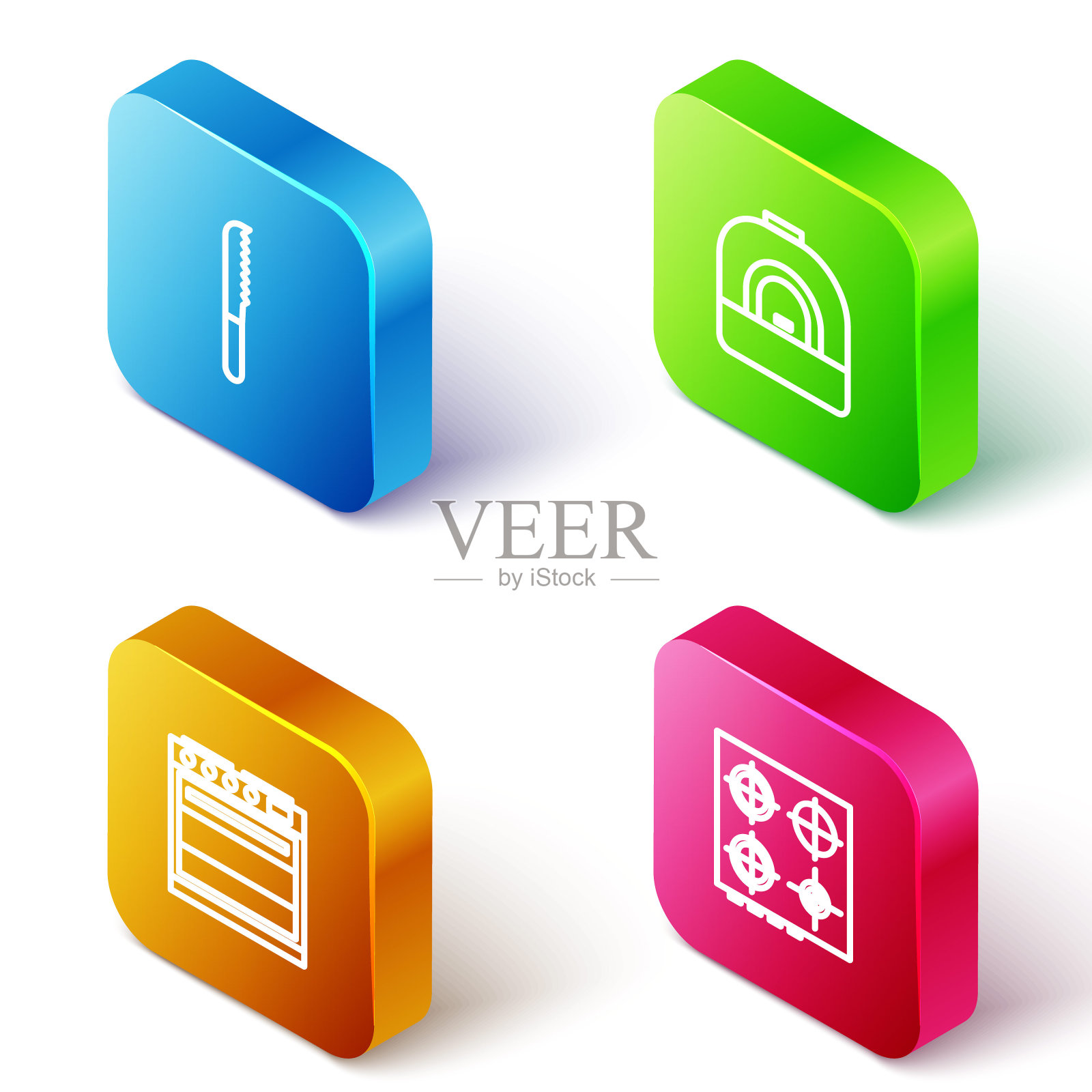 设置等距线面包刀,烤箱和煤气灶图标。向量图标素材