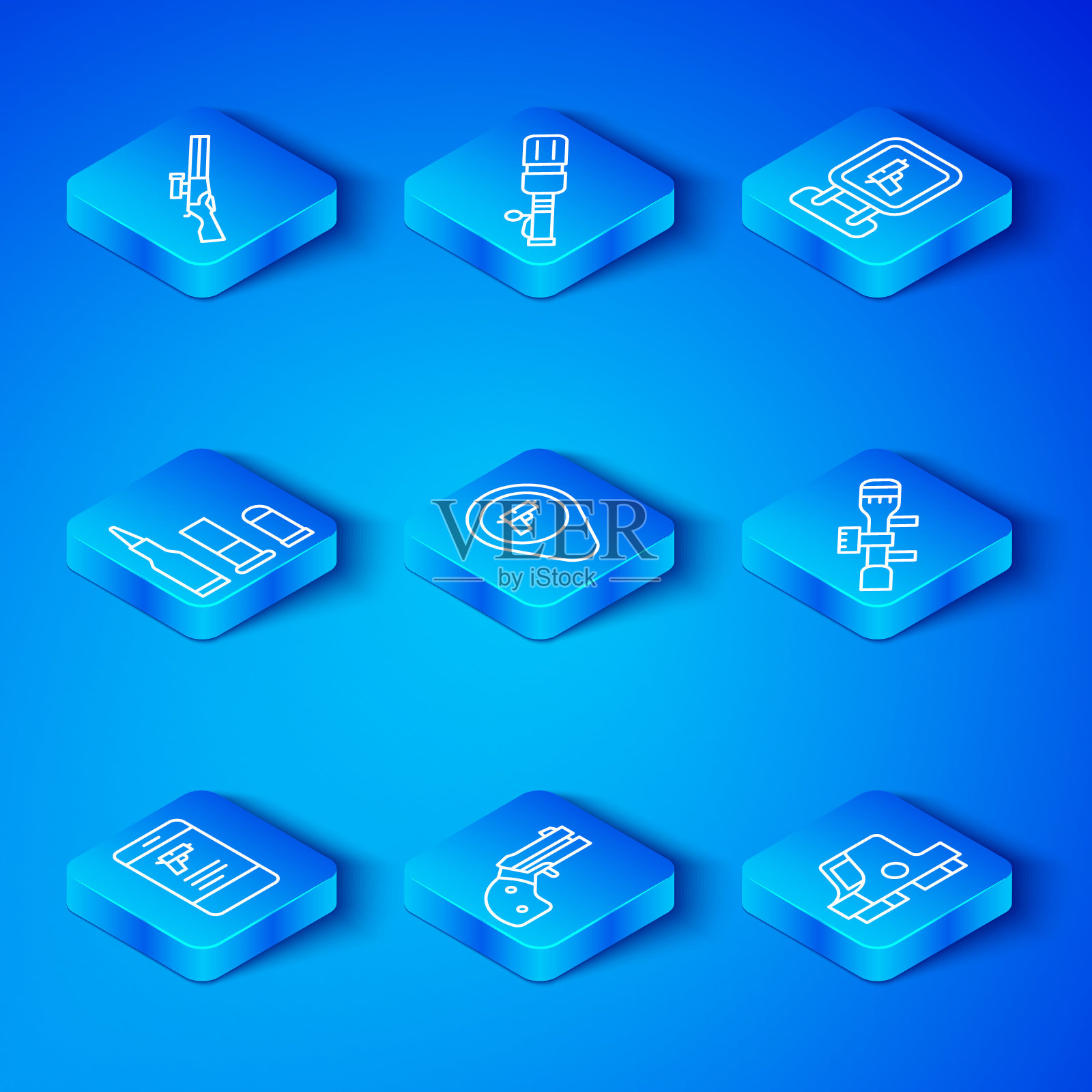 在移动应用程序中设置线商店武器,位置,小型手枪左轮手枪,狙击光学瞄准具,狩猎商店,子弹和准直器图标。向量图标素材