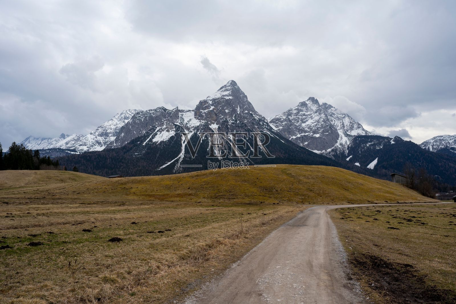 阴天,雪山映衬着草地上的土路照片摄影图片