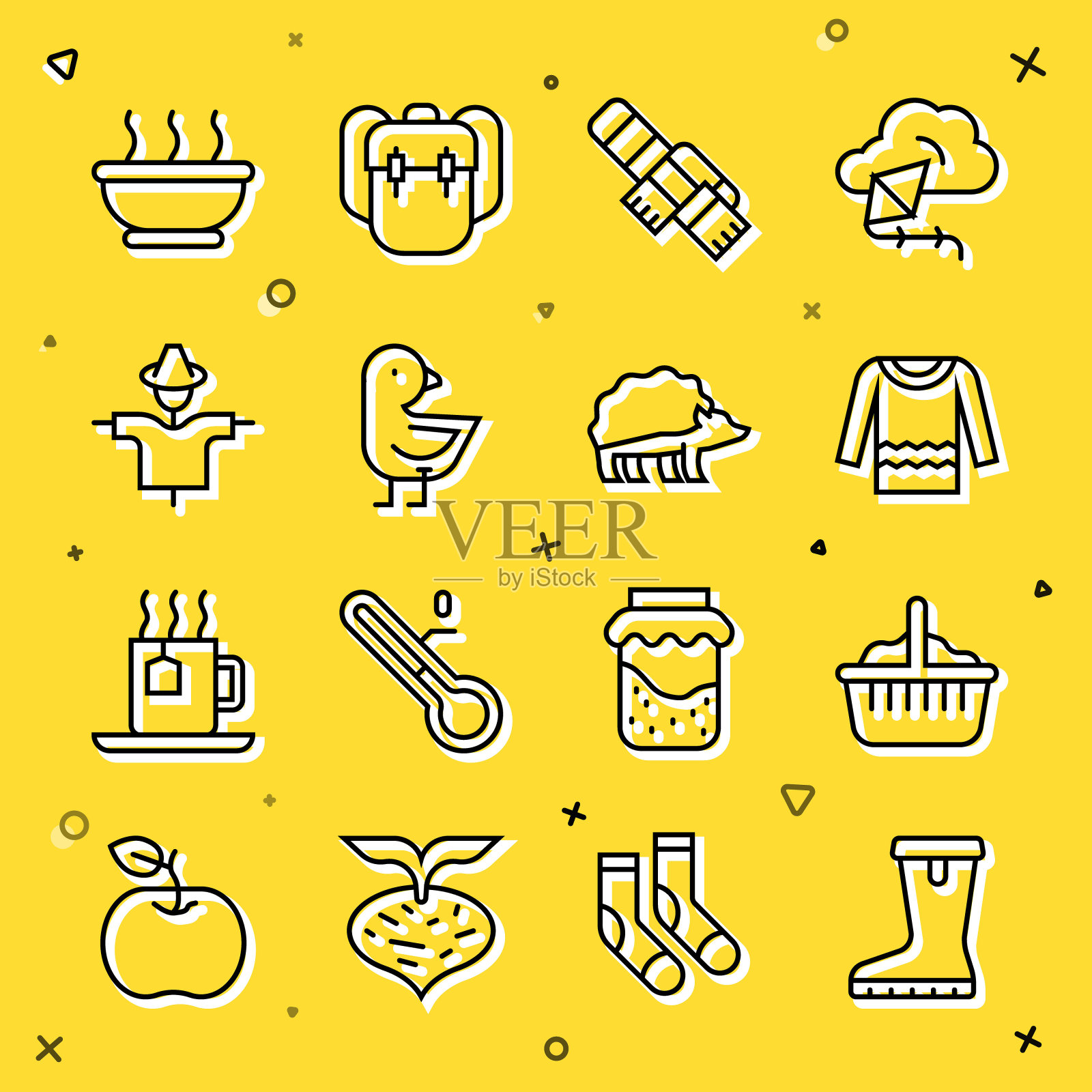 集线防水橡胶靴,篮子,毛衣,冬季围巾,小鸡,稻草人,碗热汤和刺猬图标。向量图标素材