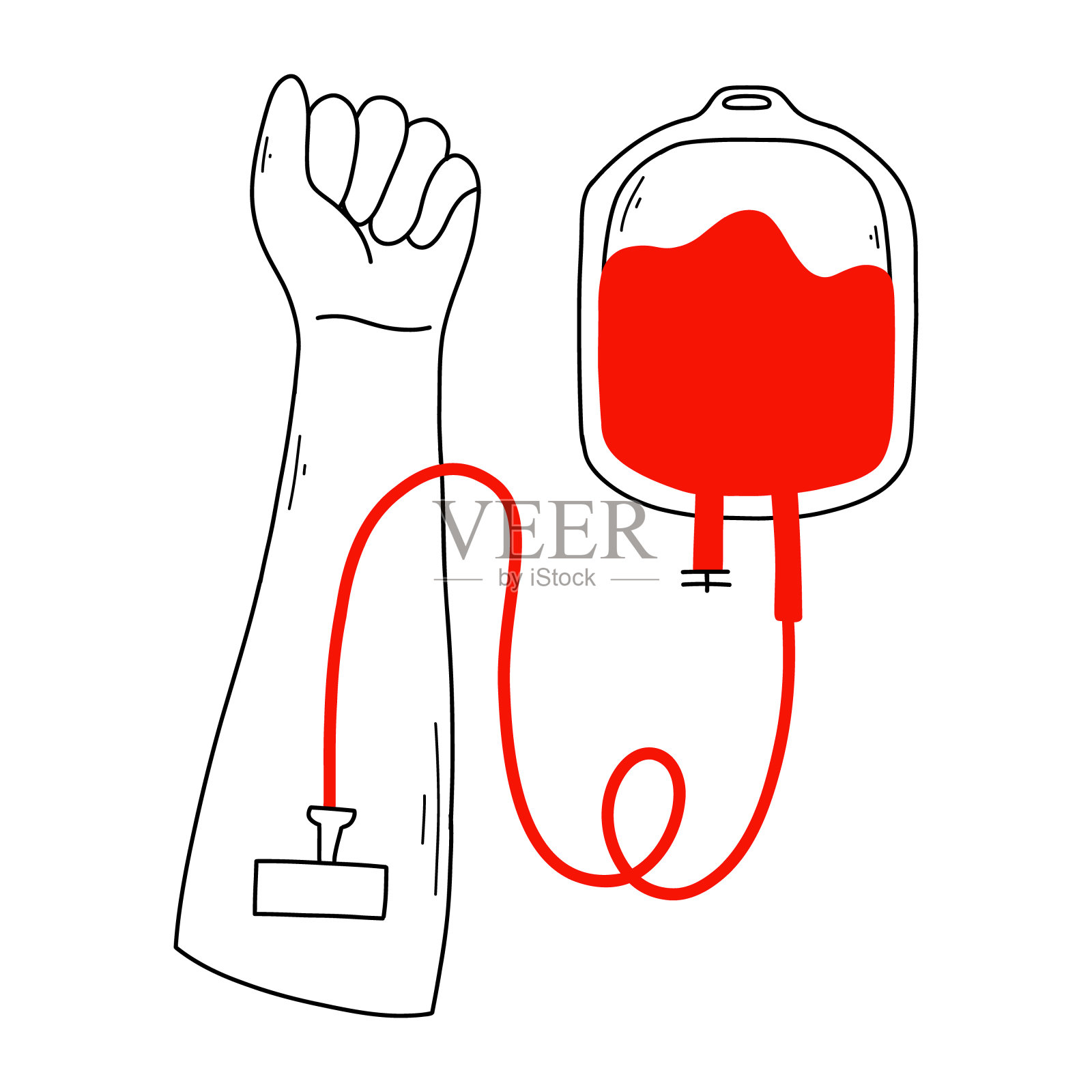 献血者。矢量插图。血从袋子里倒出来。手上拿着血袋。涂鸦风格。插画图片素材