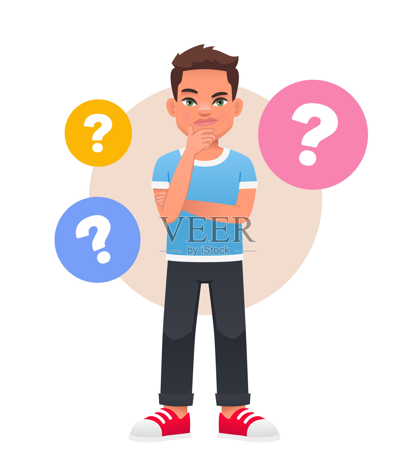 一个被问题泡泡包围的孩子。孩子的问题。小男孩有一个问题。插画图片素材
