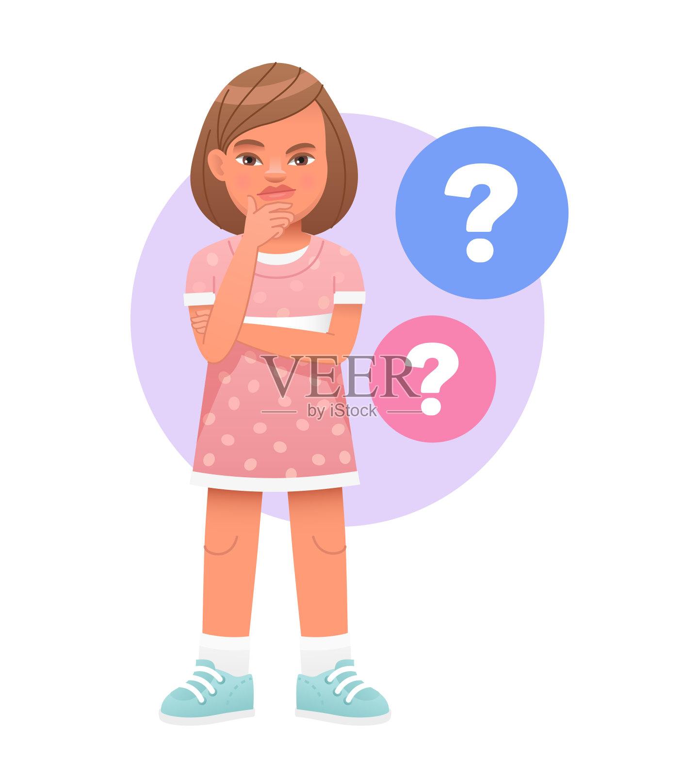 一个被问题泡泡包围的小女孩。孩子的问题。孩子有一个问题。一个有思想的学生的肖像。插画图片素材