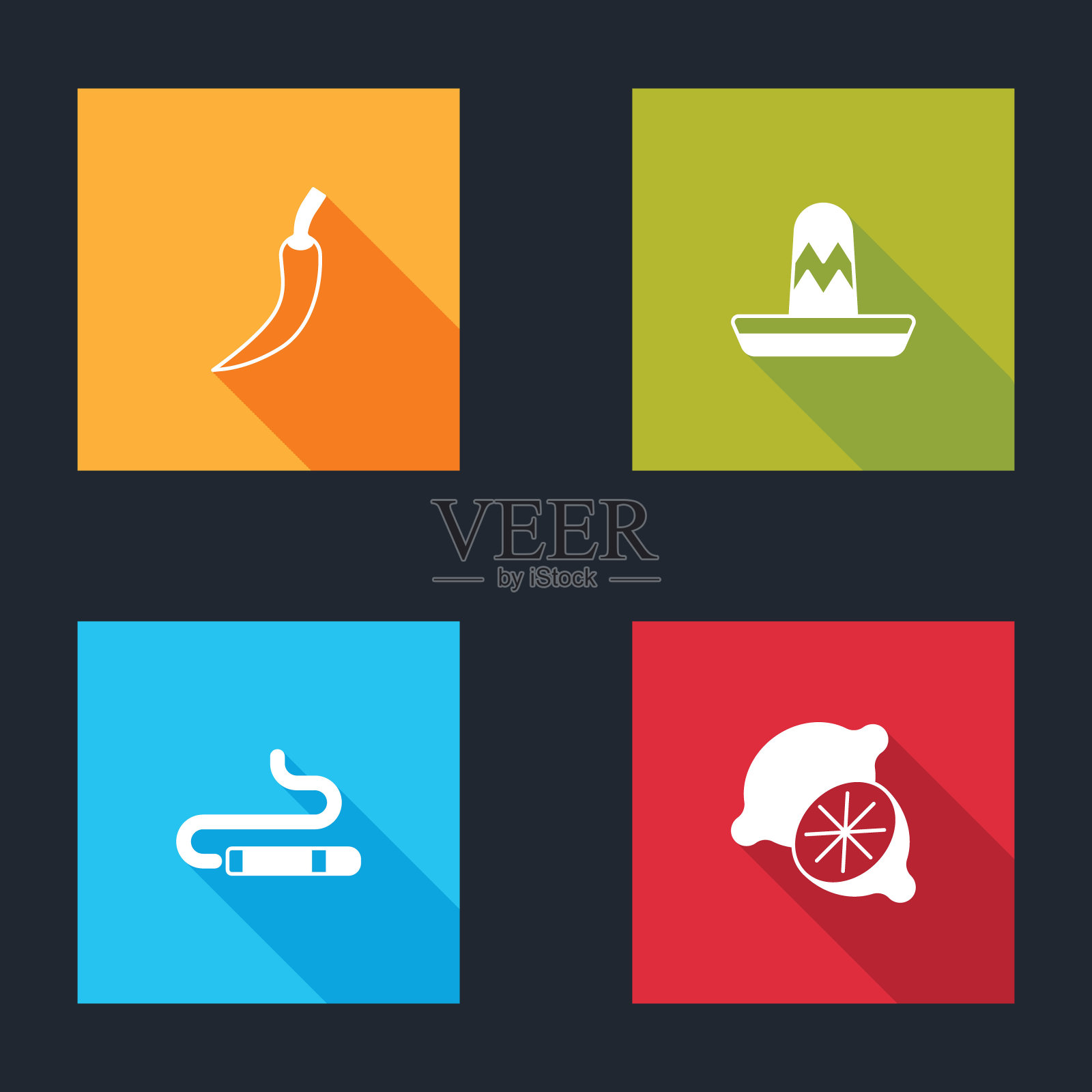 集热辣椒豆荚,墨西哥宽边帽,雪茄和石灰图标。向量图标素材