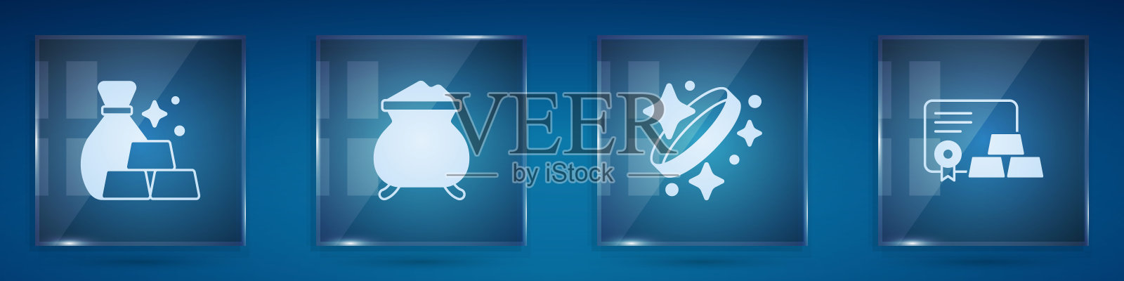 套装金条袋,正在浇注的熔液,金戒指和证书。方形玻璃板。向量插画图片素材