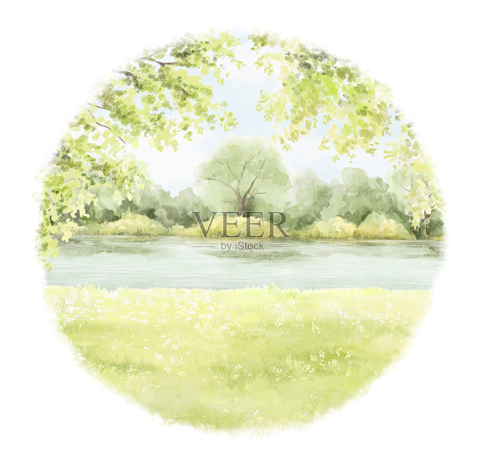 水彩卡通圆形构图,以春绿山水与树、河、草插画图片素材