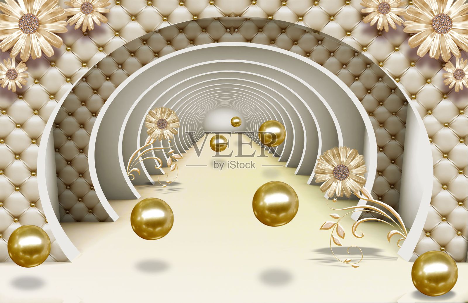 一个美丽的狭窄走廊的插图,有花卉装饰和漂浮的金球照片摄影图片