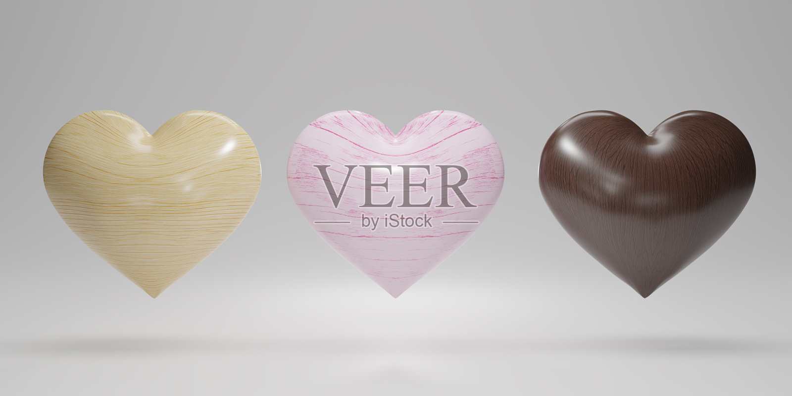 一套木制心3D渲染收集孤立的白色背景。象征着爱情和情人节。心形图标插图设计卡。3 d渲染。照片摄影图片