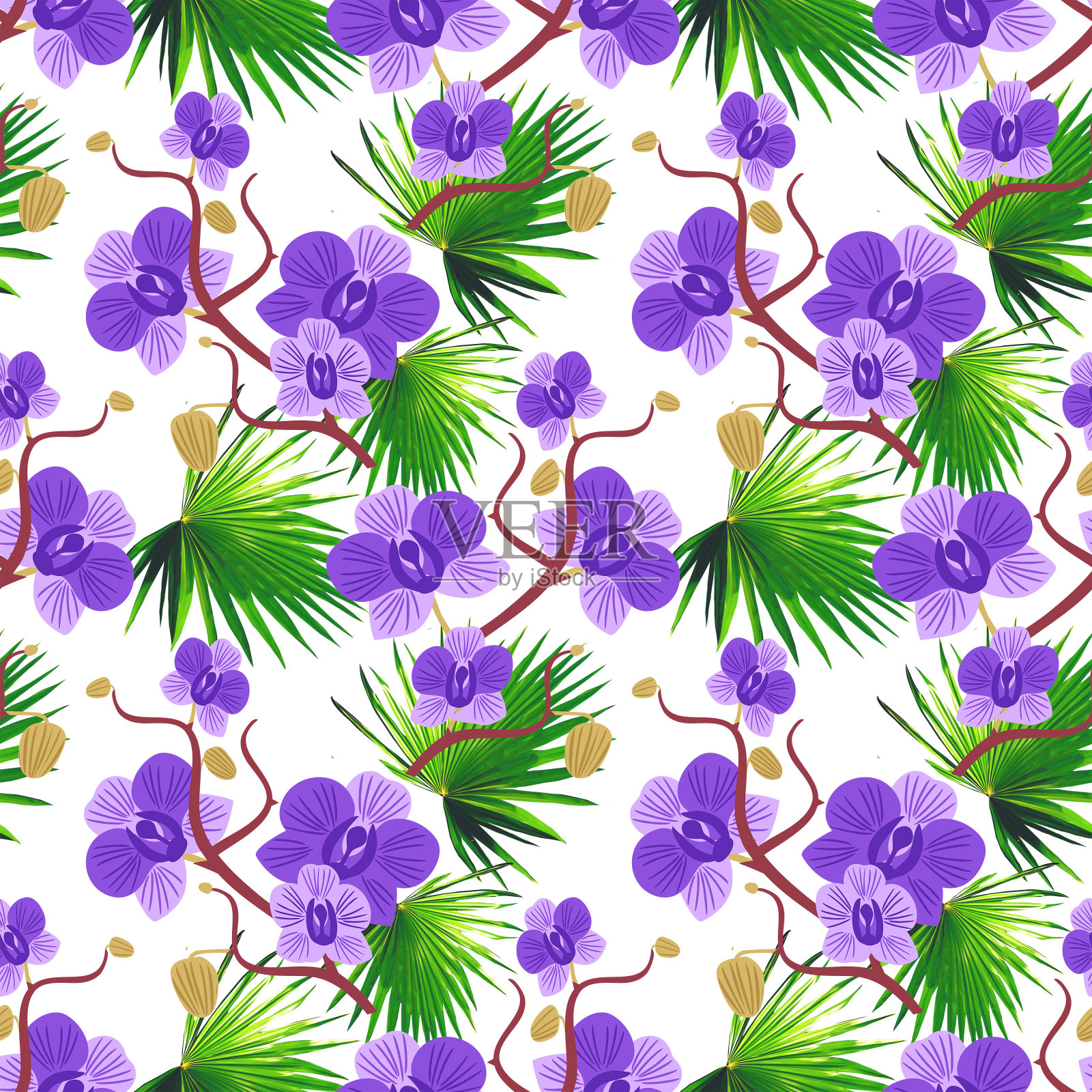 兰花与棕榈叶无缝图案。插画图片素材