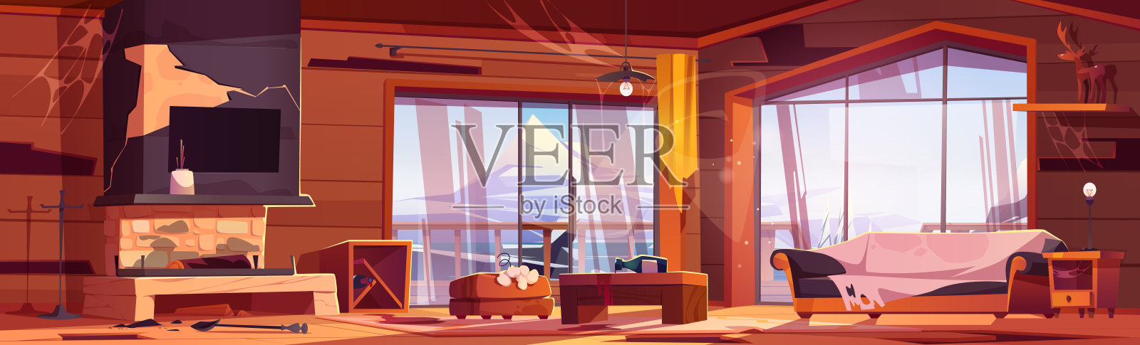 废弃的小木屋内部有山景插画图片素材