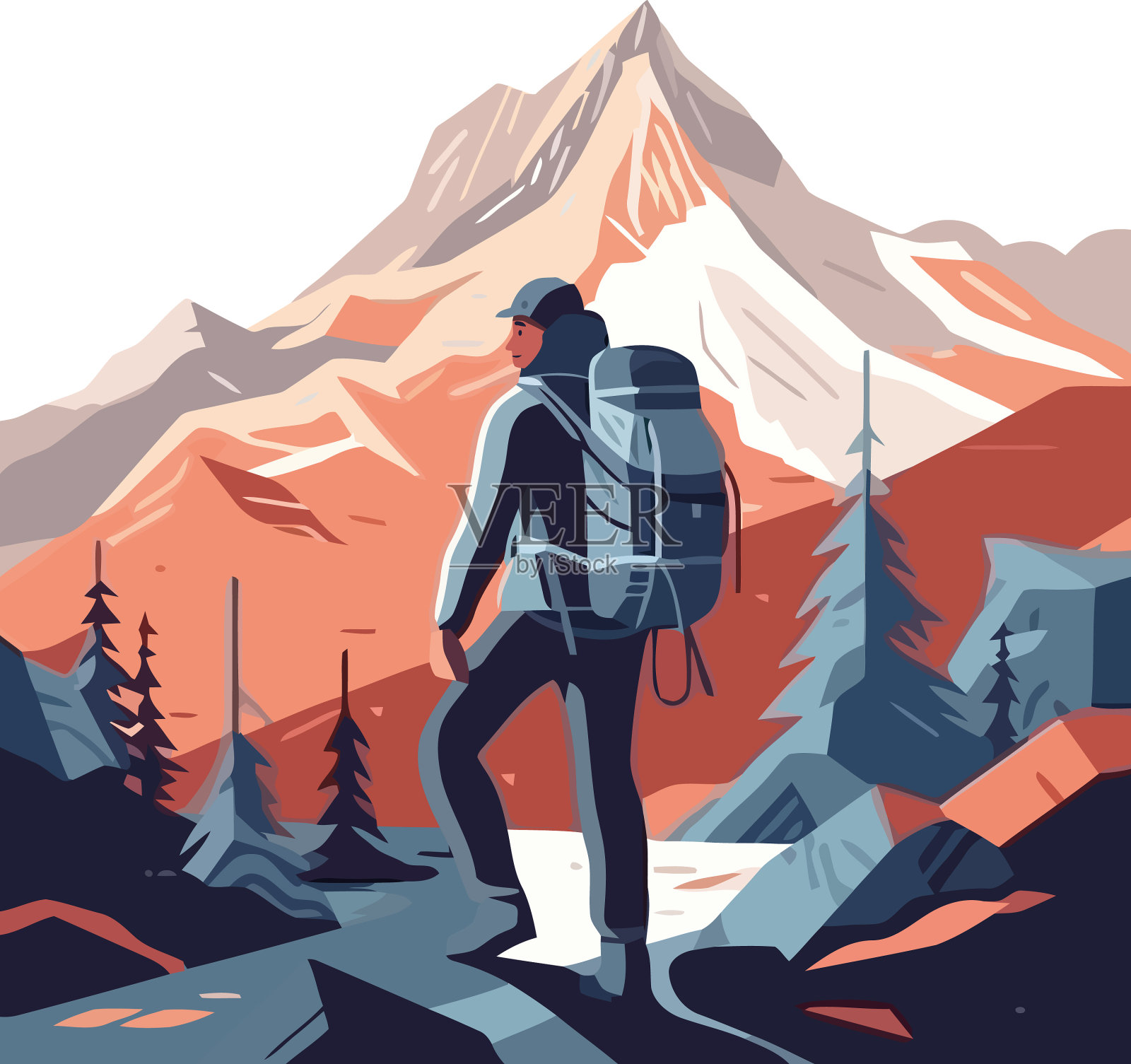 背包客徒步登山,探索大自然插画图片素材