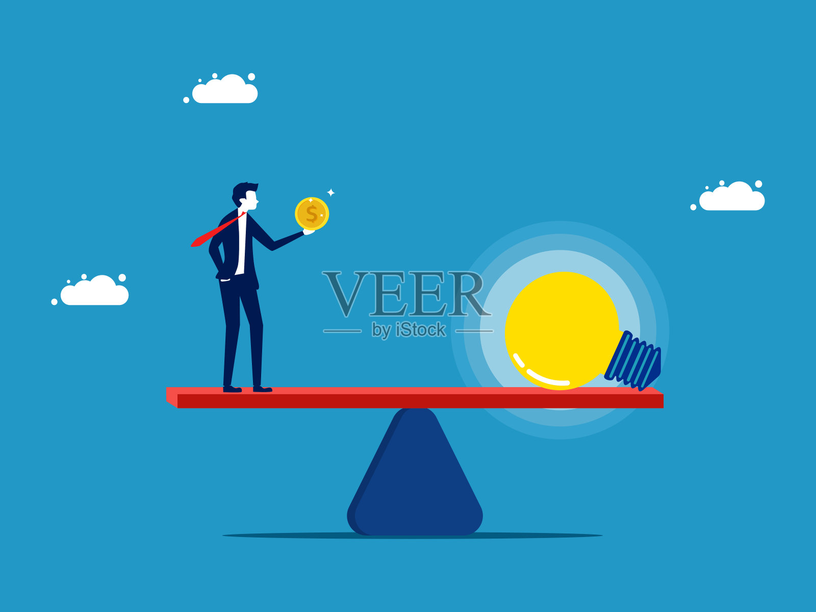 智慧和知识的价值。商人手里拿着钱和电灯泡插画图片素材