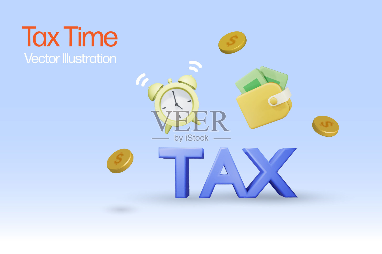 纳税时间提醒。闹钟和钱包提醒所得税申报。3D可爱的卡通矢量。插画图片素材