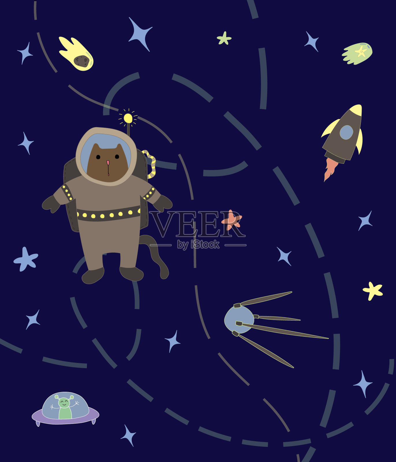 幼儿园设计空间海报。空间对象和字符矢量插图。儿童插图的婴儿服装,贺卡,包装。外星人,宇航员,火箭,行星。插画图片素材